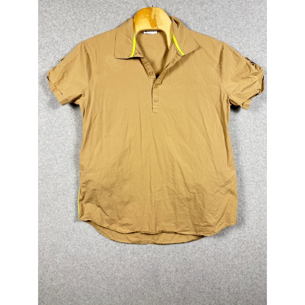 Caryn Lawn Polo Shirt Womens XL Tan Neon Trim Good Short Sleeve Pockets